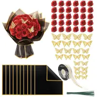 Unyqoos Rotes Bouquet aus Kunstrosen mit Glitzer & Schmetterlingsdeko – Stoffrosen, pflegeleicht mit biegsamen Drahtstielen, dekoratives Geschenk für Hochzeit & Zuhause