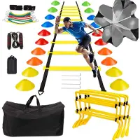 Unyqoos Fußball-Trainingsset – Komplett mit 6 m Koordinationsleiter (12 Felder), 20 Hütchen, verstellbaren Hürden, Widerstandsschirm, Springseil, Tragetasche, Nylon/PE