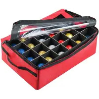 Unyqoos Aufbewahrungsbox für Weihnachtsdekoration – faltbar, bis zu 48 verstellbare Fächer, rot mit schwarzem Rand, stabile Karton-Canvas-Konstruktion, Nylon-Griffe, Reißverschluss