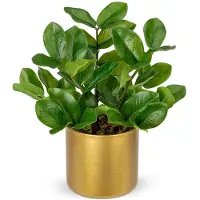 Unyqoos Künstliche Pflanze (grün) in goldfarbenem Metalltopf, 30 cm – naturgetreue Kunstpflanze aus Polyester für Zuhause & Büro