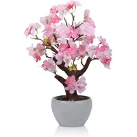 Unyqoos Künstliche Kirschblüte im Steintopf, 34 cm – realistische Deko-Pflanze aus Gummi & farbechter Textilfaser, rosa, pflegefrei für Wohnzimmer & Büro