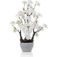 Unyqoos Künstliche Kirschblüten im Steintopf, weiß – vormontiert aus Kunststoff & farbechten Textilblättern, elegante Tischdekoration für Wohnzimmer und Büro