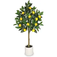 Unyqoos Künstlicher Zitronenbaum, naturgetreu, 90 cm, grüne Blätter & gelbe Früchte, Polyester, schwarzer Topf – Dekoration für Zuhause und Büro