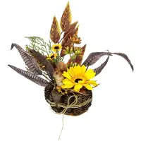 Unyqoos Künstliches Herbstgesteck – lebensechte Sonnenblumen mit Deko‑Eichhörnchen im rustikalen Kieferntopf, pflegefreie herbstliche Tischdeko