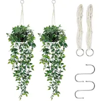 Unyqoos 2er-Set realistische künstliche Hängepflanzen mit Topf & Makramee-Aufhängung, 85 cm, lebhaft grün, kolloidales Material, matte Töpfe, pflegeleicht für Innen