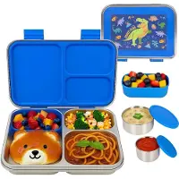 Unyqoos Edelstahl-Lunchbox für Kinder, 3 Fächer, 950 ml, auslaufsicherer Verschluss, inkl. 140 ml Silikonbehälter + 2 Edelstahlbehälter, Cartoon-Design