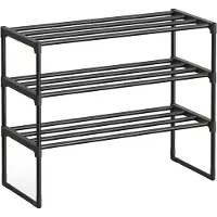 Unyqoos Metall-Schuhregal, 3-stufig & stapelbar – schwarz, wendbar (aufrecht/umgedreht), für 8 Paar Herren / 12 Paar Damen, werkzeuglose Montage