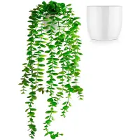 Unyqoos Künstliche Eukalyptus-Hängepflanze 60 cm – grüne, realistische Blätter in hochwertigem hochglänzendem weißen Keramiktopf, pflegeleicht