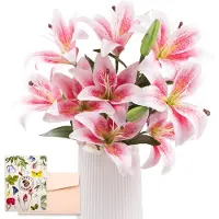 Unyqoos Künstliches Lilien-Bouquet 12-teilig (9 Blüten, 3 Knospen), rosa-weiß, Seide, Stiele 50 cm, mit Kraft-Taschenvase & Grußkarte
