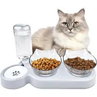 Unyqoos 3‑in‑1 erhöhte Katzenfutterschale – 15° kippbare Schalen, 2 drehbare Näpfe & integrierter 500 ml Trinkbrunnen für Trocken- und Nassfutter