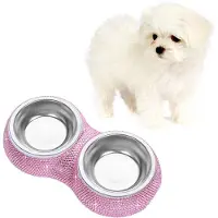 Unyqoos Doppel-Futternapf – 2 Edelstahlnäpfe mit Strassbesatz, Rosa, Futter- & Wassernapf für Hund und Katze