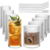 Unyqoos Vintage gerippte Trinkgläser 8-tlg., 4x Highball 370 ml + 4x Rocks 410 ml, hitzebeständiges Glas, spülmaschinenfest, inkl. 4 Glasstrohhalme & 2 Reinigungsbürsten