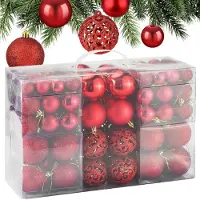 Unyqoos 100 rote Weihnachtskugeln – Kunststoff-Deko-Set 6/4/3 cm, matt/glänzend/glitzernd, praktisch unzerbrechlich, für Innen & Außen, mit Aufhängeösen & Aufbewahrungsbox