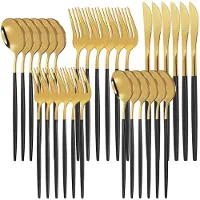 Unyqoos Besteckset 30-teilig für 6 Personen – Edelstahl, schwarz/gold, Messer, Gabeln, Löffel, spülmaschinenfest, mit Koffer, für Innen & Außen