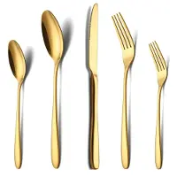 Unyqoos 60‑teiliges Besteckset aus Edelstahl, goldfarben – Komplett für 12 Personen (12 Messer, 12 Gabeln, 12 Löffel, 12 Dessertgabeln, 12 Teelöffel)