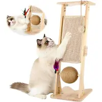 Markenlos Katzenkratzbrett, L-förmige Sisal-Kratzsäule, 70 cm hohe natürliche Sisal-Kratzsäule mit Ball für Katzen zum Spielen, Entspannen und Kratzen, aus Massivholz zum Schutz von Möbeln und Sofas