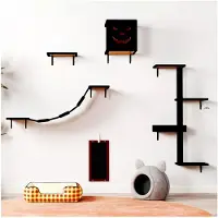 Markenlos Katzen Kletterwand Set im Gothic-Stil – Wandmontierte Design-Katzenwand für moderne Wohnungen, mit Katzenhaus, Katzenbrücke, Kratzsäule und Kratzbrett, Schwarz-Rot