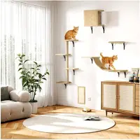 Markenlos Katzen Kletterwand Set 5-teilig – Wandmontierte Katzenwand mit Katzenhaus, Katzenbrücke und Kratzbrett, platzsparende Kletterwand für die Wohnung