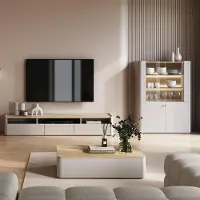 Lomadox Wohnzimmer Set in Beige mit Eiche, Couchtisch, 200 cm Lowboard, Vitrine inkl. Beleuchtung, 3-teilig - ELOY-141