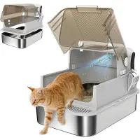PawHut Katzenklo Edelstahl mit Deckel XXL Katzentoilette mit Streuschaufel Grau
