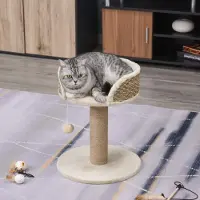 SUGIFT Kratzbaum mit Katzenbett, Juteschnur-Kratzsäule, Spielball, Plüsch, Kaffee | 40 x 40 x 49 cm | bis 4 kg | Spanplatte