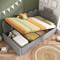 Youjia Polsterbett Daybett 90x190 cm,Tagesbett-Schlafsofa mit Stauraum (hydraulisch),Gästebett L-Form Samt in Grau mit Kronen-Gitter-Design, ohne Matratze