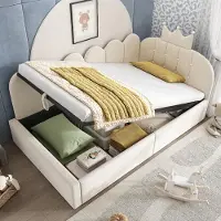 Flieks Hydraulisches Schlafsofa Kinderbett 90x200cm mit Stauraum, Stauraumbett Einzelbett Tagesbett mit Kronenförmigem Kopfteil, Samt, Beige