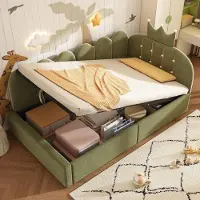 Youjia Polsterbett Daybett 90x200 cm,Tagesbett-Schlafsofa mit Stauraum (hydraulisch),Gästebett L-Form Samt in Grün mit Kronen-Gitter-Design, ohne Matratze
