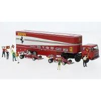 Brekina H0 (1:87) 58575 - Fiat 691 T Renntransport-SZ Set, Ferrari, mit 2 Ferrari 312 T2 F1 und 6 Figuren, 1977 Modellbahn
