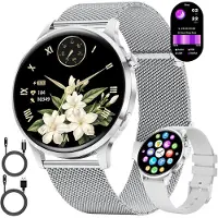 Lige Smartwatch Damen Rund mit Telefonfunktion 7,9mm Dünn 1.32" AMOLED Elegant Fitnessuhr Frauen für Android iOS,Sportuhr mit Herzfrequenz Schlafmonitor,Menstruationszyklus,100+ Sportmodi,Silber