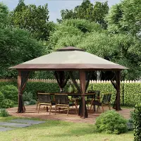 SUGIFT Partyzelt höhenverstellbar, Faltpavillon Pop-Up, 4 Netzwände Lüftungsdach, Beige | Tragetasche mit Rollen | 3 Höhenstufen | 392 x 392 x 283 cm
