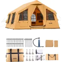 Zerbaco Aufblasbares Zelt für Camping 8-12 Personen mit Handpumpe, 4,8x3,6x2,2 m Glamping-Zelt mit 2 Oberlichtern, Baldachin, Ofenanschluss, 2 Türen & Netzfenstern, Aufbewahrungstasche