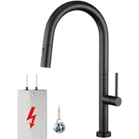 Unyqoos Niederdruck-Küchenarmatur matt-schwarz für Boiler – 3‑fach Anschluss, 360° schwenkbarer Auslauf, ausziehbare Brause, SUS304 Edelstahl