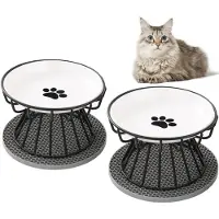 Unyqoos Erhöhtes Futter- und Wassernapf-Set – weiße Keramikschalen mit 10 cm hohem, schwarzem, beschichtetem Stahlständer für Katzen & kleine Hunde