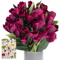Unyqoos Künstliche lila Tulpensträuße – 3 × 27 Köpfe, ca. 30,5 cm hoch, Seiden-Tulpen mit flexiblen Stahlstielen und Grußkarte