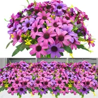 Unyqoos 6er-Set Kunstblumensträuße – lebensecht & wetterfest, lila/rot, 28 cm, je Strauß 6 biegsame Stiele, 18 Blütenköpfe, Kunststoff/Draht