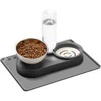 Unyqoos Erhöhte Doppel-Futterschale mit Siphon-Wasserflasche, 2 Edelstahlnäpfe & große Silikonmatte, rutschfest – Futter- & Trinkstation für Katzen & kleine Hunde