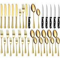 Unyqoos 36-teiliges Besteckset für 6 Personen – rostfreier Edelstahl, goldfarbene Oberfläche, ergonomische Griffe, inkl. Steakmesser, pflegeleicht