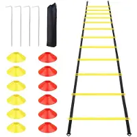 Unyqoos Komplettes Koordinationsleiter- & Fußball-Trainingsset – 6 m Leiter, 12 verstellbare Sprossen, 12 Kegel (6 gelb/6 orange), 4 Stahlpfähle, Tragetasche, PP/Nylon
