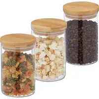 Relaxdays Vorratsgläser mit Bambusdeckel, 3er Set, runde Vorratsdosen aus Glas, 800 ml, luftdicht, transparent/natur