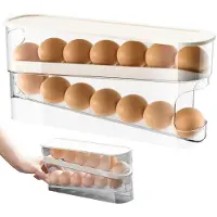 Unyqoos platzsparender transparenter Eier-Organizer für 14 Eier, automatische Vorziehfunktion (10°), abnehmbarer Deckel, zweilagig, stapelbar, bruchsicher, passt in Kühlschrank