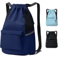 Unyqoos Wasserdichter Sportrucksack 45 x 30 x 15 cm – vielseitige Gymtasche mit Tunnelzug, reflektierenden Streifen, verstellbaren verbreiterten Schultergurten, Oxford, Schwarz/Grau/Hellblau