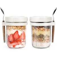 Unyqoos Overnight-Oats-Glas – hitzebeständiges Glas mit lebensmittelsicherem Kunststoffdeckel, Silikonring & Edelstahl-Löffel, BPA- und PVC-frei, ideal für unterwegs
