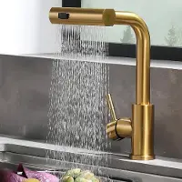 Unyqoos Küchenarmatur aus Edelstahl, goldfarbene Oberfläche, ausziehbarer Auslauf ca. 38 cm, 360° schwenkbar, 2 Strahlarten (Wasserfall & Direktstrahl)