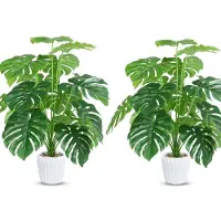 Unyqoos Set 2x Monstera-Kunstpflanzen 70 cm – verstellbare Blätter, weiße Kunststoff-Töpfe mit Steinfüllung, PEVA, Dekoration für Bad, Küche, Büro