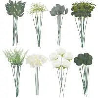 Unyqoos 65-teiliges Set realistische künstliche Blumen & Zweige, 8 Blumenarten (u.a. Rosen & Eukalyptus), weiß/grün, Kunststoff & Stoff, pflegefrei