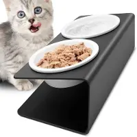 Unyqoos Ergonomische erhöhte Futterstation mit dicken Keramiknäpfen & pulverbeschichtetem Metallgestell, 13×4,5 cm – für Hunde & Katzen