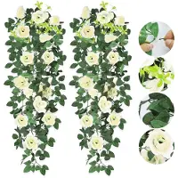 Unyqoos Set 2x künstliche Hängepflanzen mit naturgetreuen weißen Rosen, 90 cm, 19 Rosen & 252 Blätter, Kunststoff & Seide, für Innen & Außen