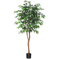 Unyqoos Künstliche Ficus Benjamina 150 cm – realistische Kunstpflanze mit Holzstamm, Seiden-/Polyesterblättern, schwarzem Topf für Wohnzimmer & Büro