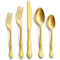 Unyqoos 30-teiliges Besteckset für 6 Personen – 430 Edelstahl, mattgold mit Rosenmuster, 6x Löffel/Gabel/Dessertlöffel/Salatgabel/Messer, ergonomisch